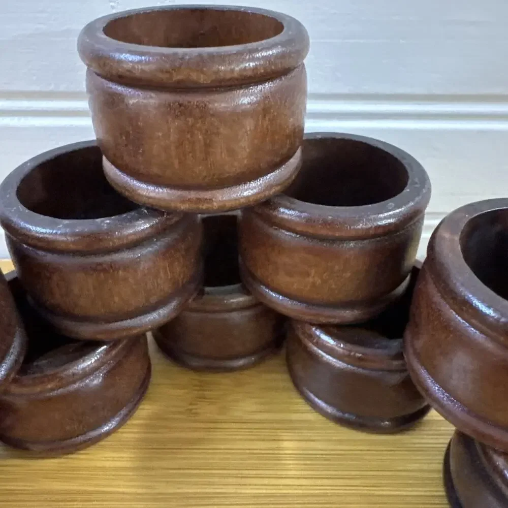 10 Vintage Pier 1 Wood Napkin Rings Ribbed Brown Teak MCM Boho Table Decor Set